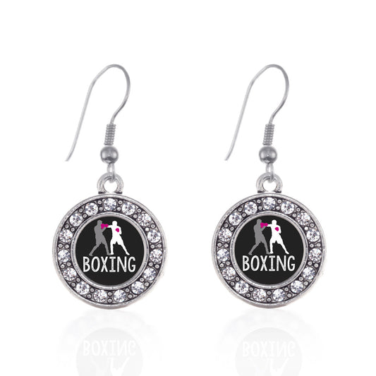 Silver Boxing Circle Charm Dangle Earrings
