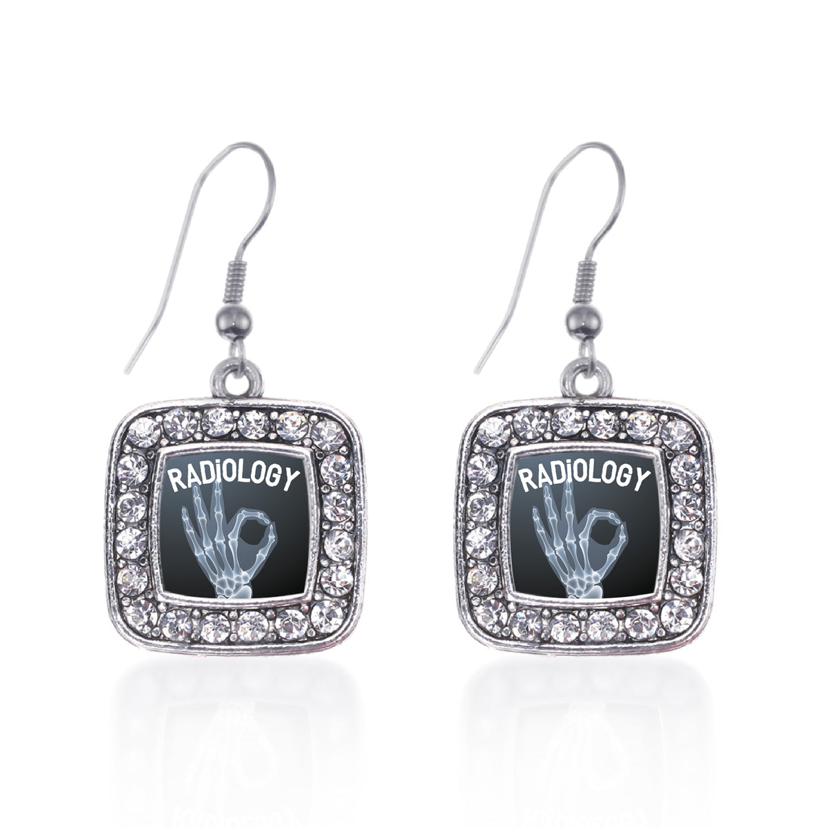 Silver Radiology Square Charm Dangle Earrings
