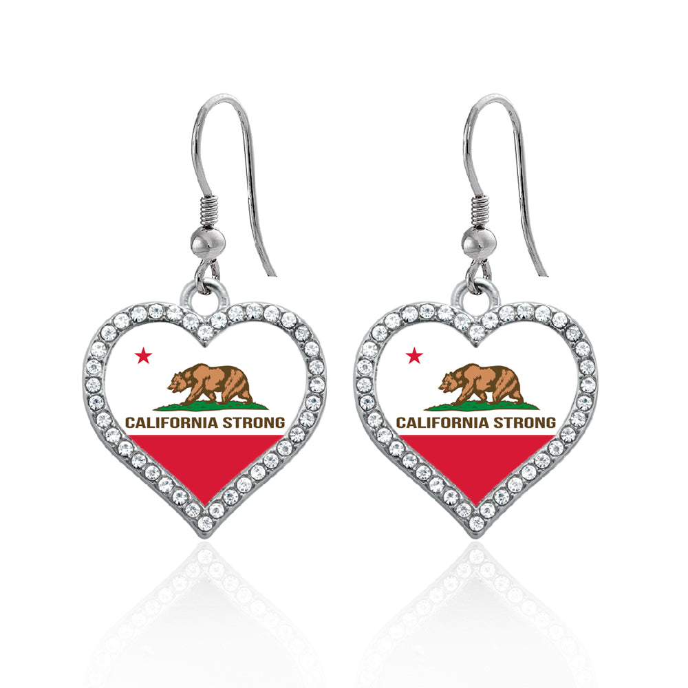 Silver California Strong Flag Open Heart Charm Dangle Earrings