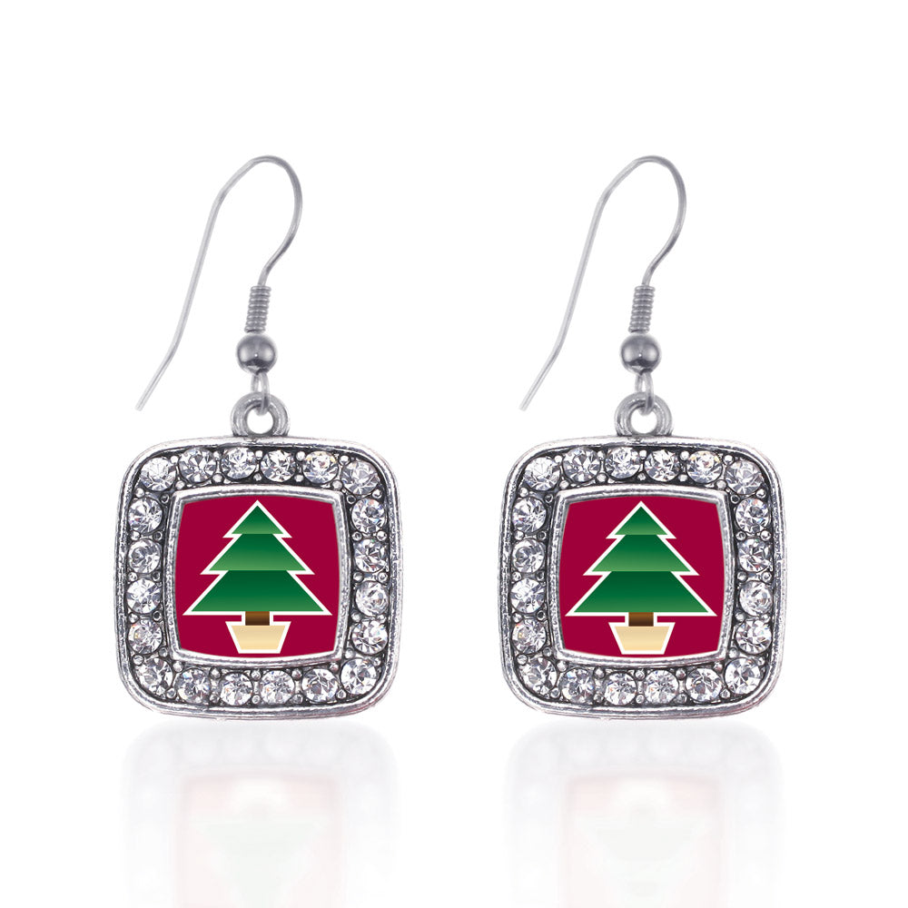 Silver Holiday Tree Square Charm Dangle Earrings