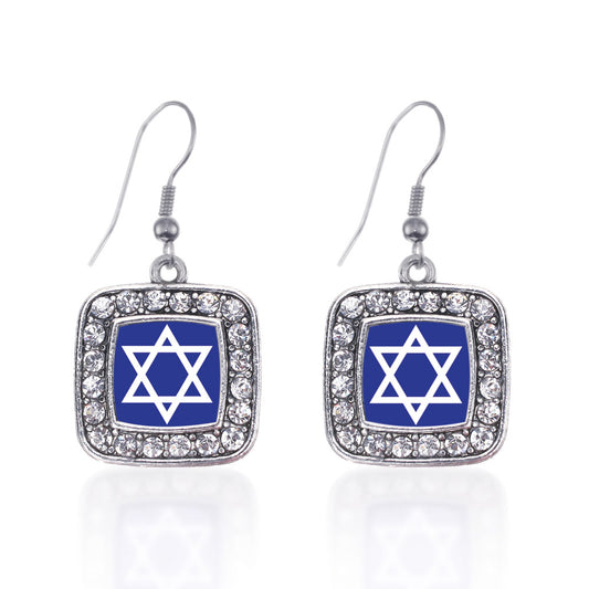 Silver Star of David Square Charm Dangle Earrings
