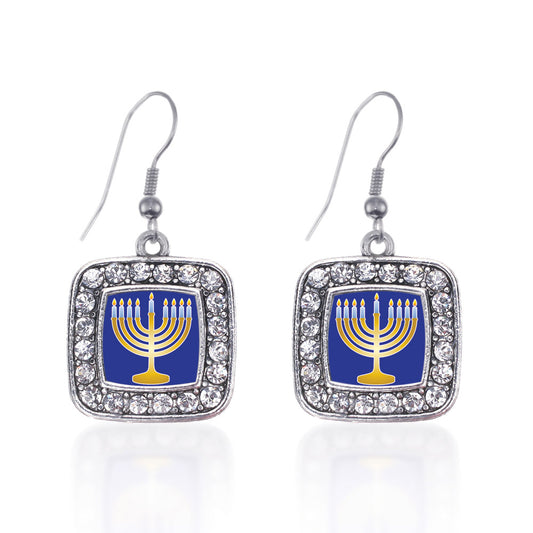 Silver Menorah Square Charm Dangle Earrings
