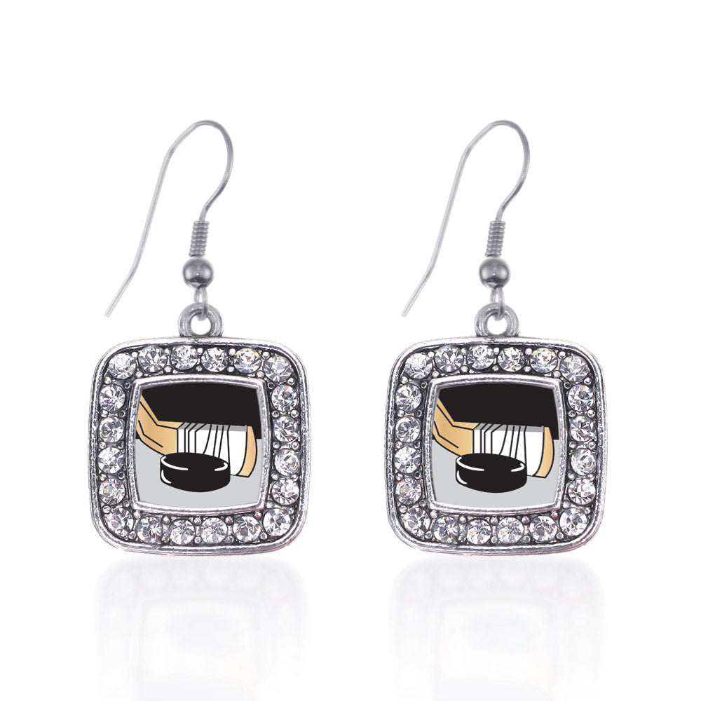 Silver Hockey Square Charm Dangle Earrings