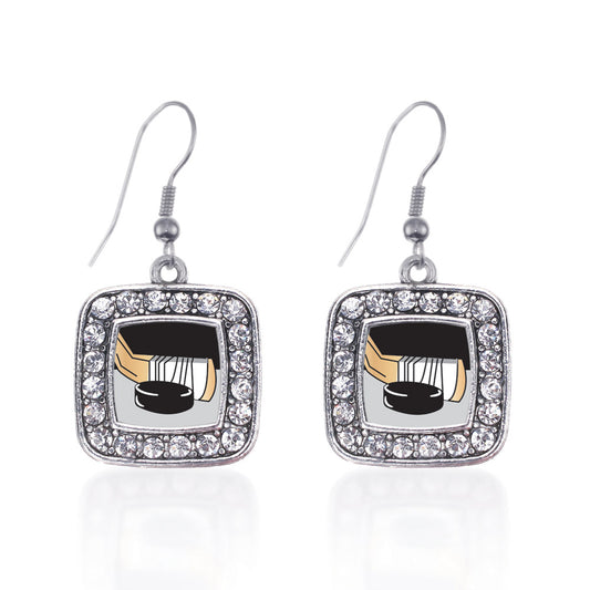 Silver Hockey Square Charm Dangle Earrings