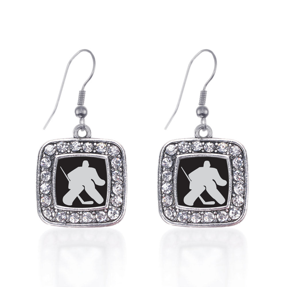 Silver Goalie Square Charm Dangle Earrings