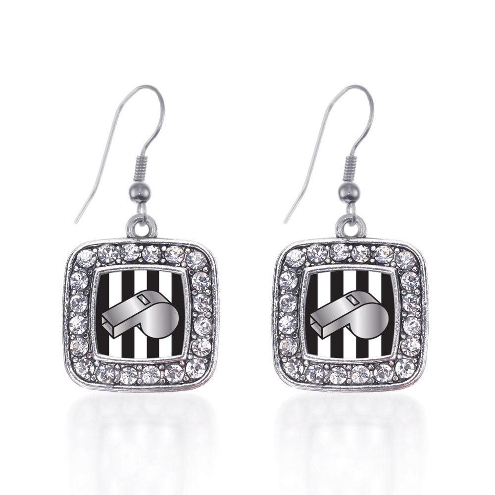 Silver Referee Square Charm Dangle Earrings