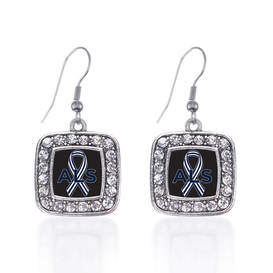 Silver ALS Awareness Square Charm Dangle Earrings