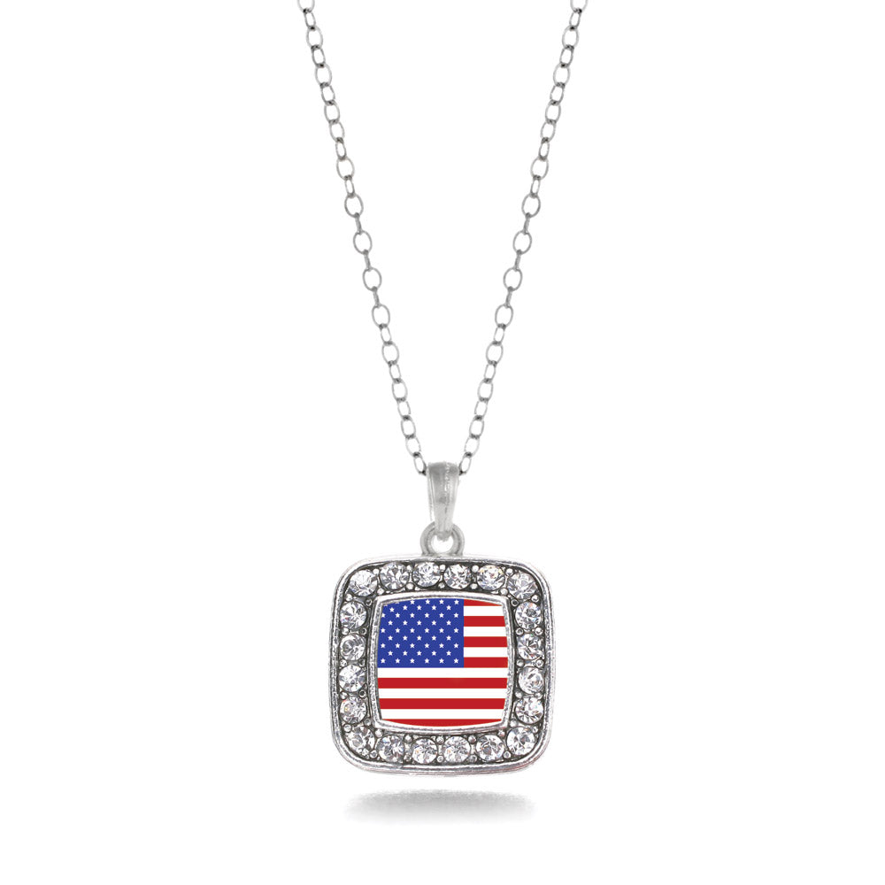 Silver American Flag Square Charm Classic Necklace