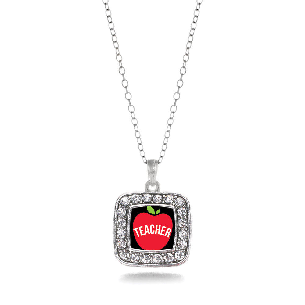 Silver Apples Are For Teachers Square Charm Classic Necklace