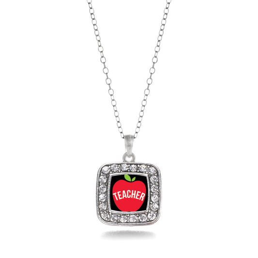 Silver Apples Are For Teachers Square Charm Classic Necklace
