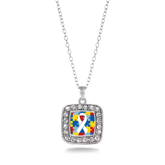 Silver Autism Jigsaw Puzzle Square Charm Classic Necklace