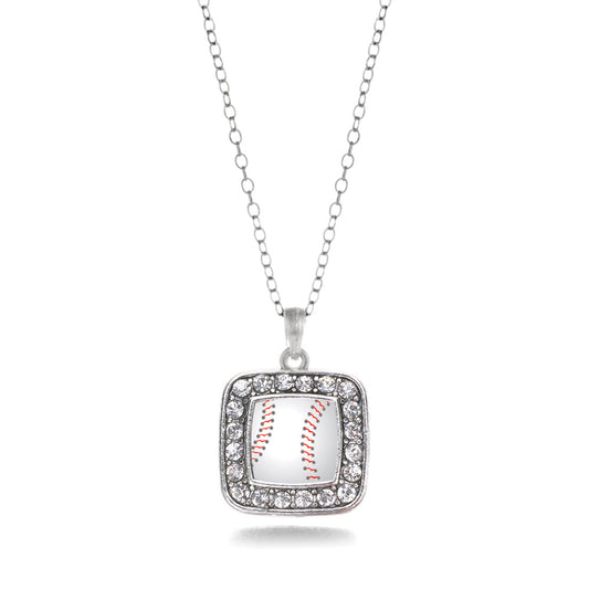 Silver Baseball Square Charm Classic Necklace