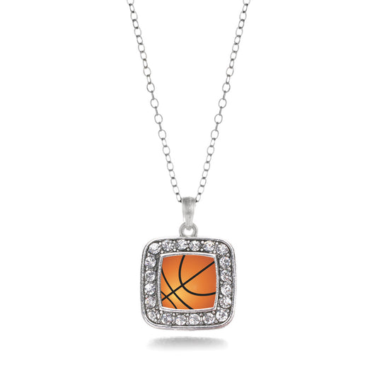 Silver Basketball Square Charm Classic Necklace