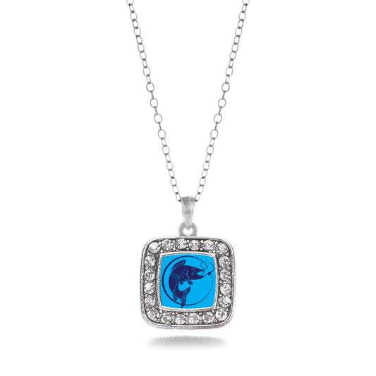 Silver Blue Fishing Square Charm Classic Necklace