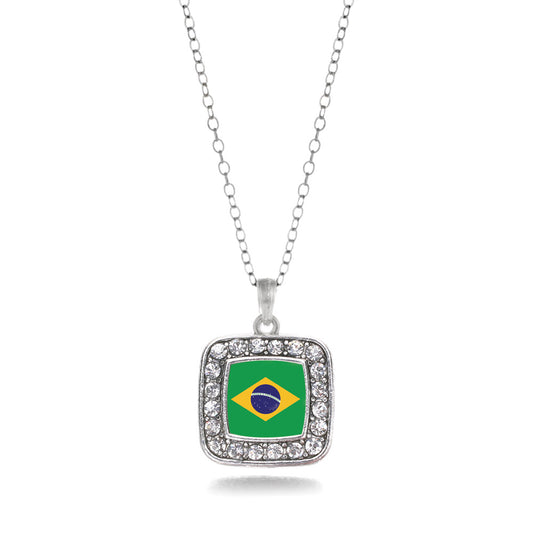 Silver Brazilian Flag Square Charm Classic Necklace
