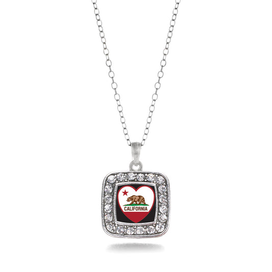 Silver California Heart Flag Square Charm Classic Necklace