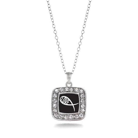 Silver Christian Fish Love Square Charm Classic Necklace