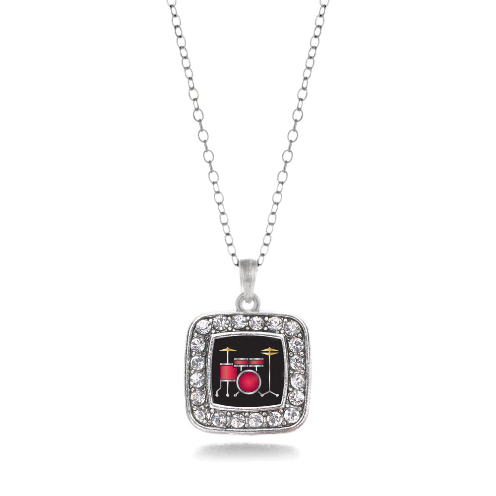 Silver Drumset Square Charm Classic Necklace