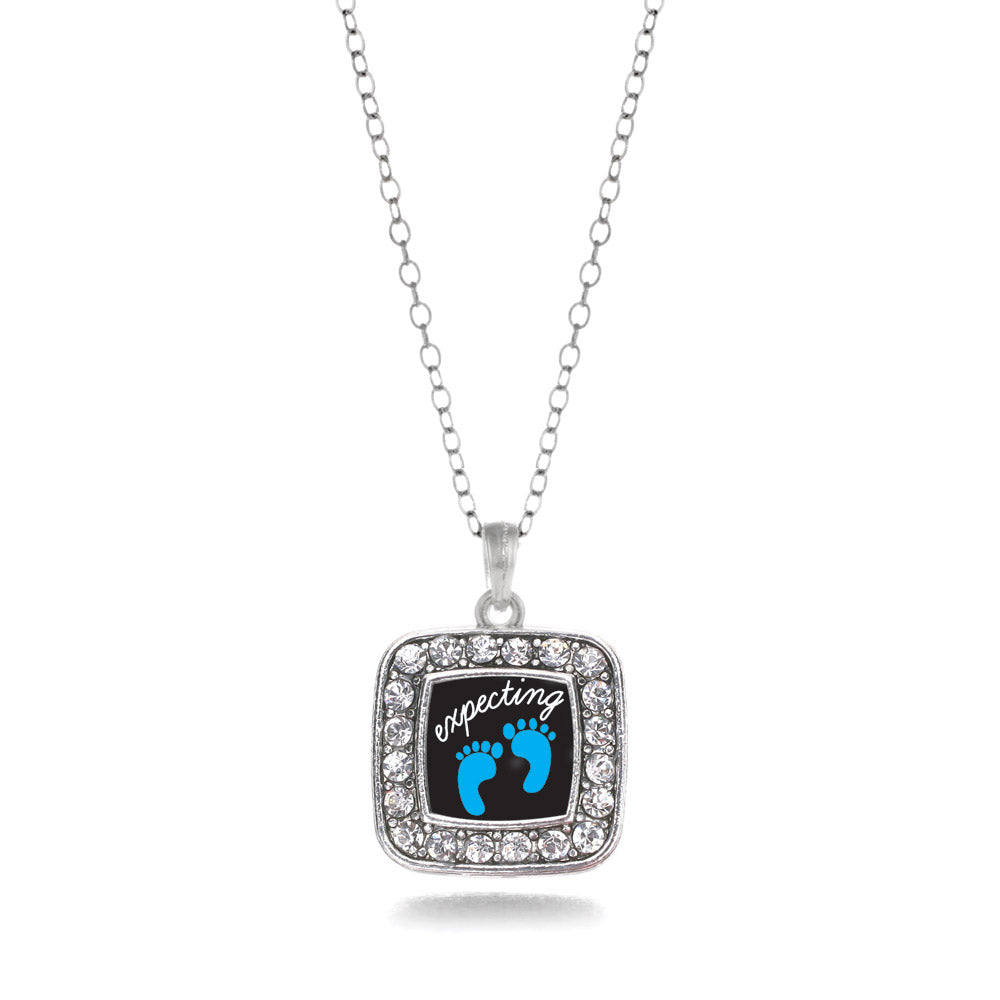 Silver Expecting A Boy Footprints Square Charm Classic Necklace