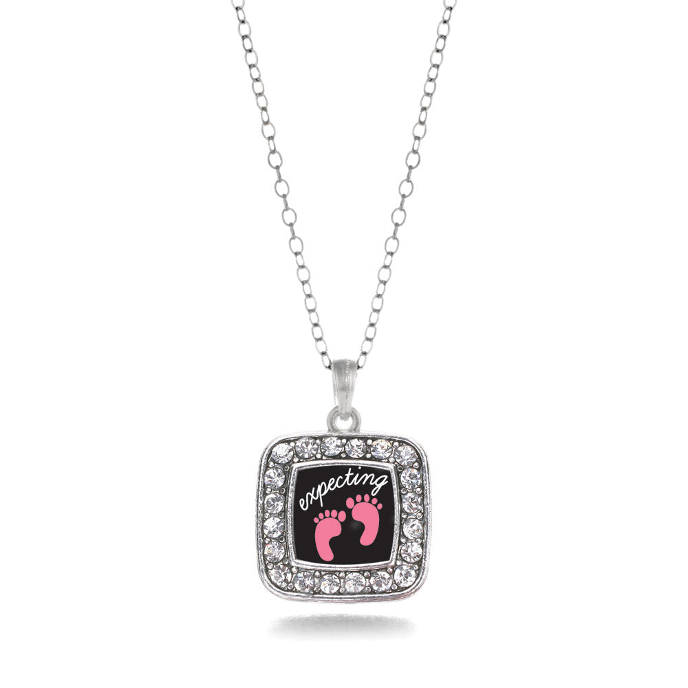 Silver Expecting A Girl Footprints Square Charm Classic Necklace
