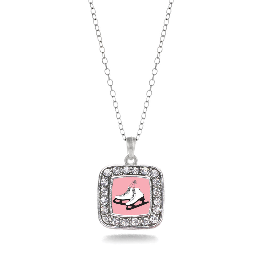 Silver Figure Skates Square Charm Classic Necklace