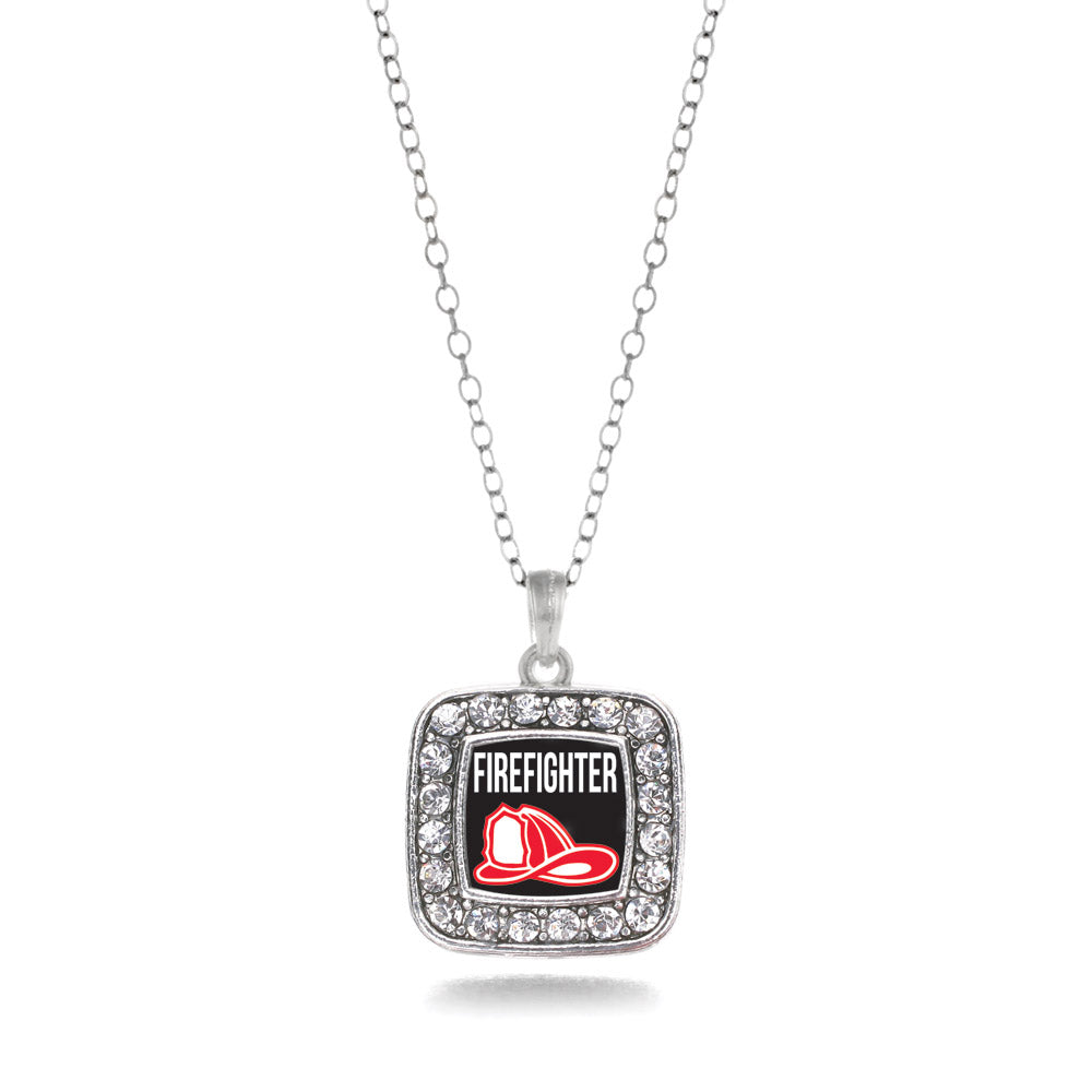 Silver Firefighter Square Charm Classic Necklace