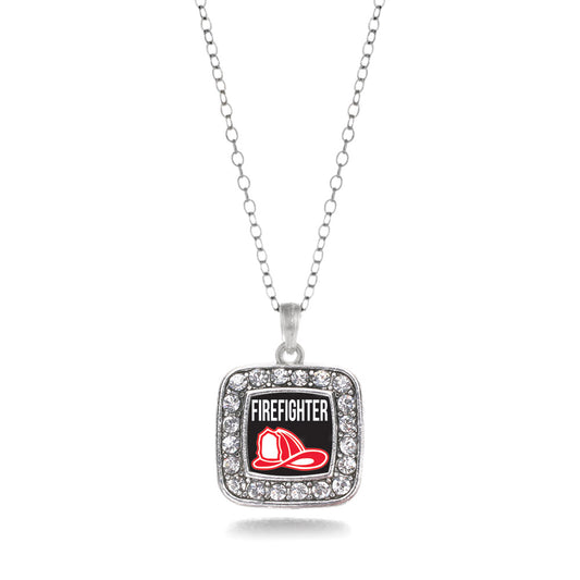 Silver Firefighter Square Charm Classic Necklace