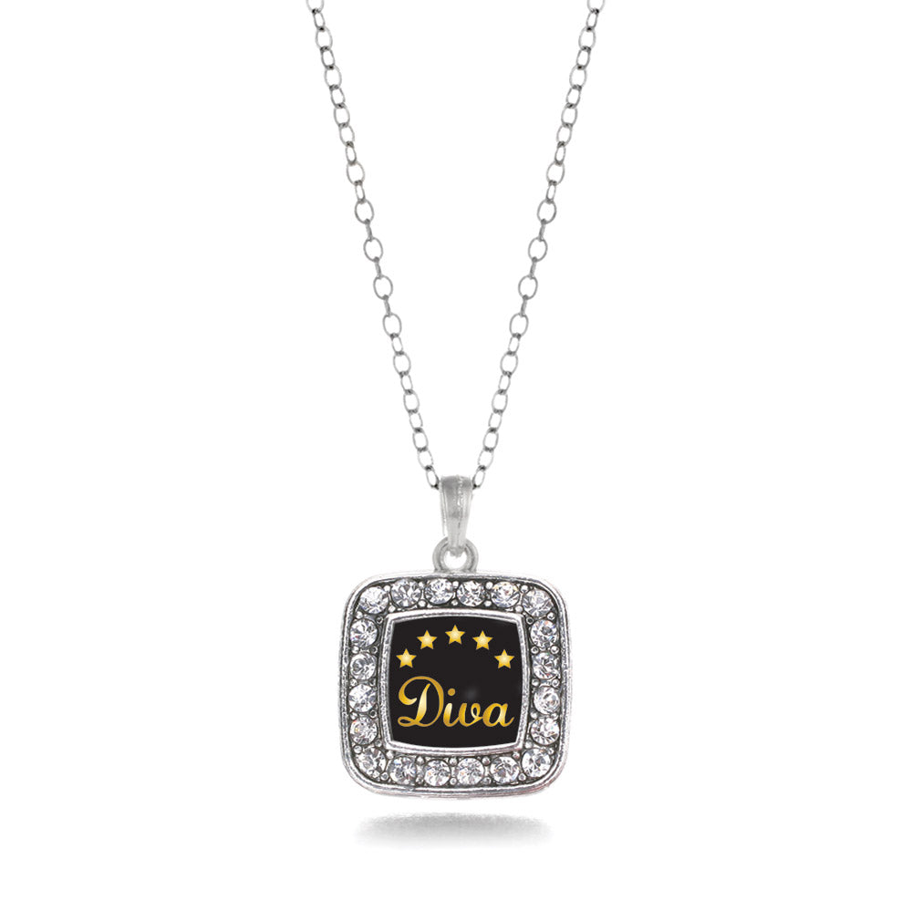 Silver Five Star Diva Square Charm Classic Necklace