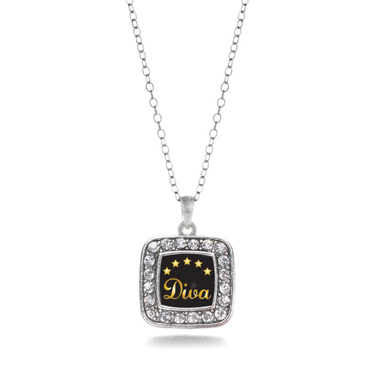 Silver Five Star Diva Square Charm Classic Necklace