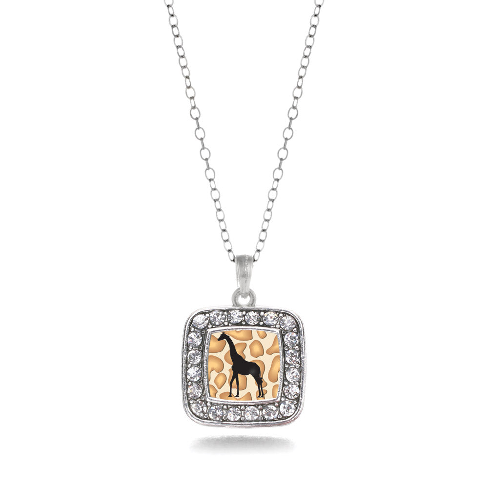 Silver Giraffe Silhouette Square Charm Classic Necklace