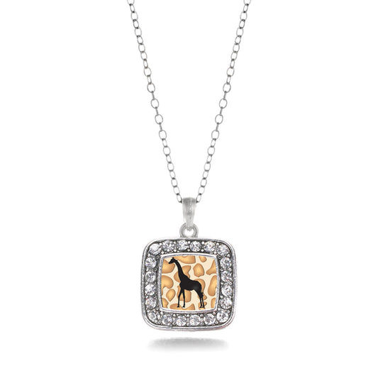 Silver Giraffe Silhouette Square Charm Classic Necklace