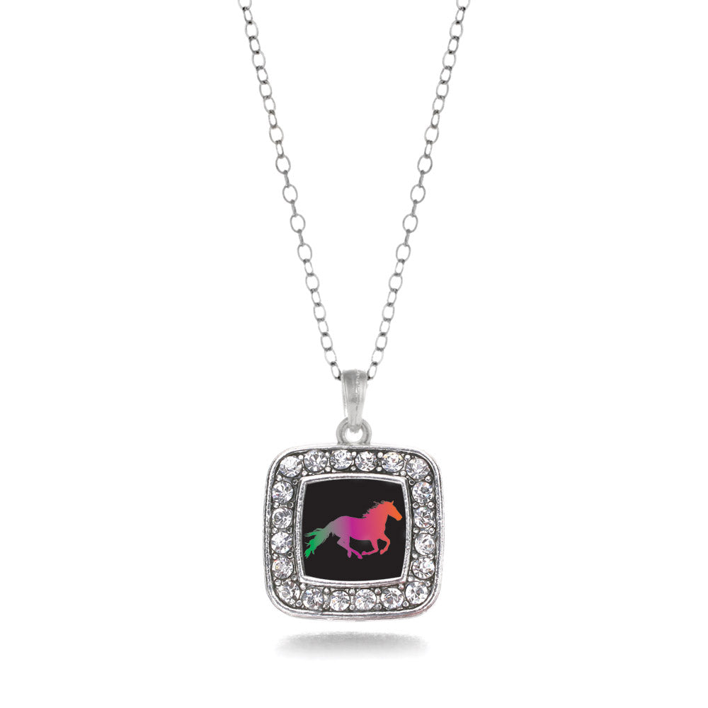 Silver Horse Lovers Square Charm Classic Necklace