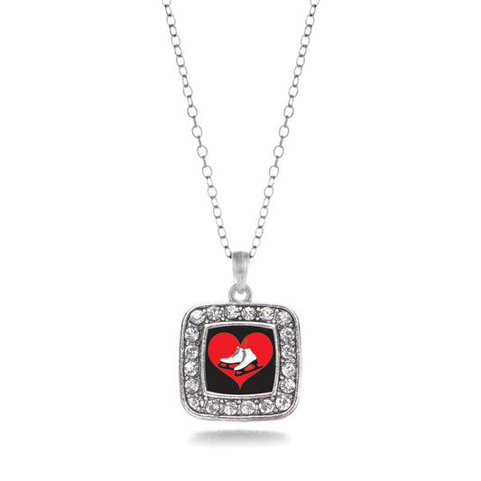 Silver I Heart Ice Skating Square Charm Classic Necklace