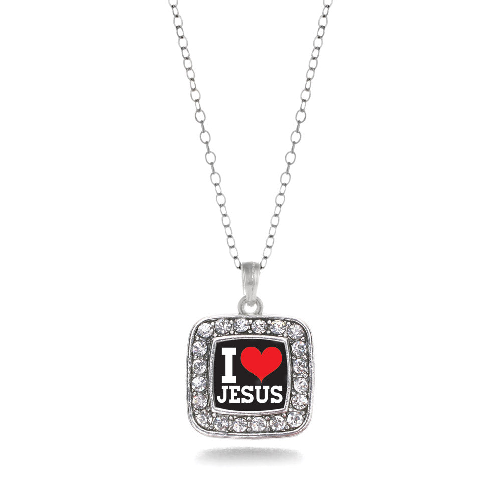 Silver I Love Jesus Square Charm Classic Necklace