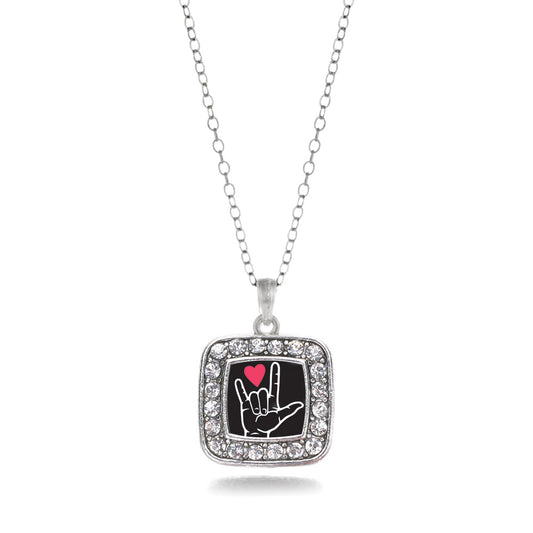 Silver I Love You Sign Language Interpreter Square Charm Classic Necklace