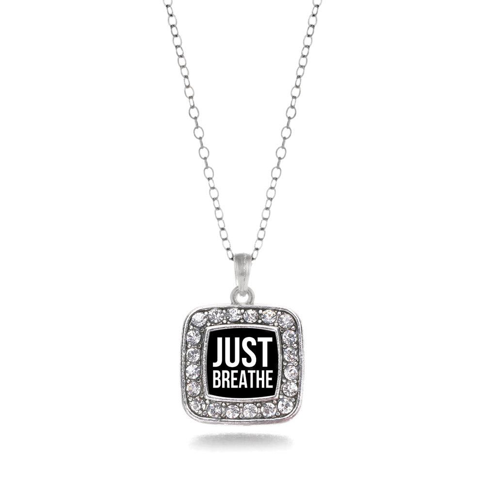 Silver Just Breathe Black Square Charm Classic Necklace