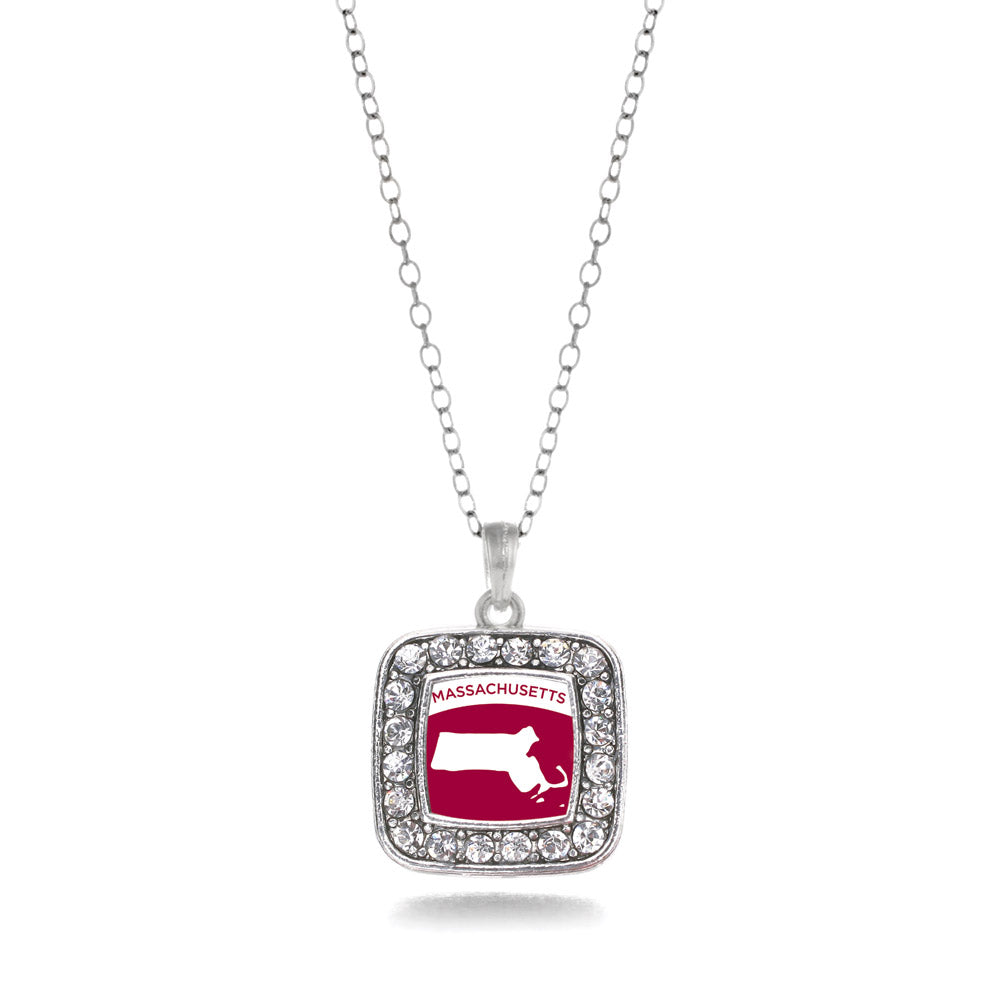 Silver Massachusetts Outline Square Charm Classic Necklace