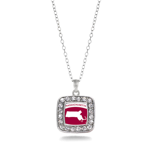 Silver Massachusetts Outline Square Charm Classic Necklace