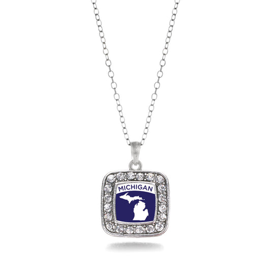 Silver Michigan Outline Square Charm Classic Necklace