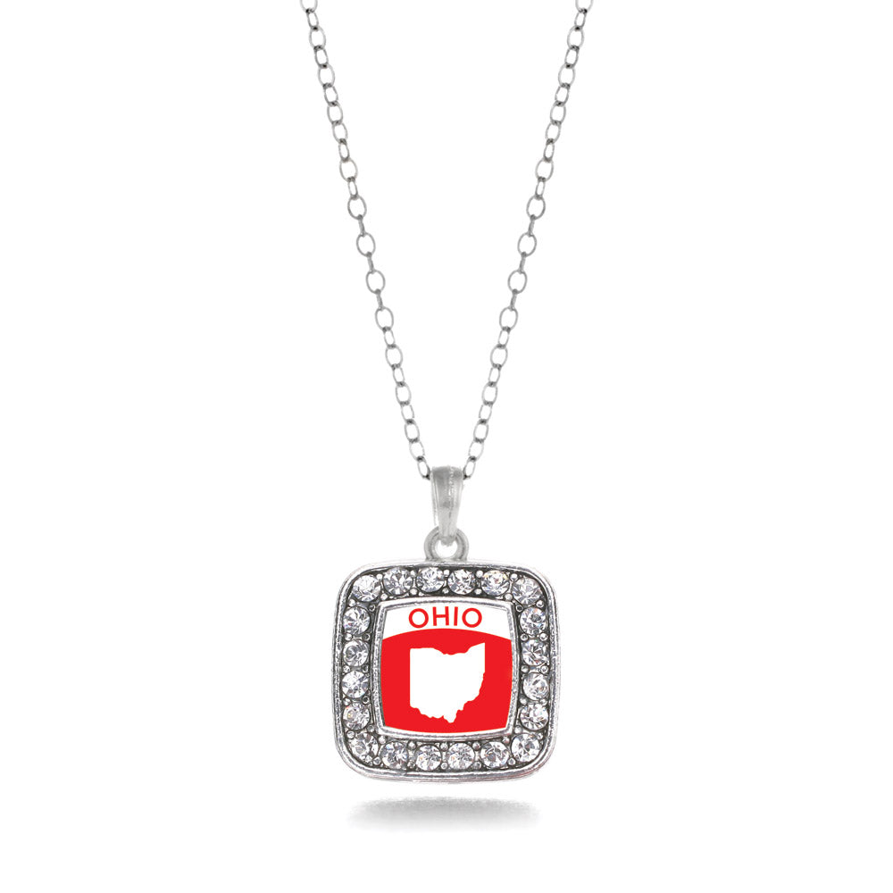 Silver Ohio Outline Square Charm Classic Necklace