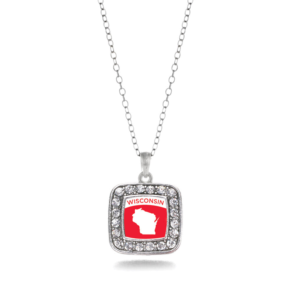 Silver Wisconsin Outline Square Charm Classic Necklace