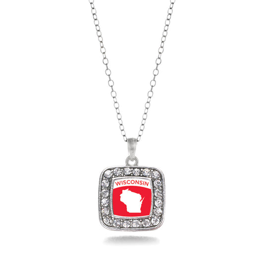 Silver Wisconsin Outline Square Charm Classic Necklace