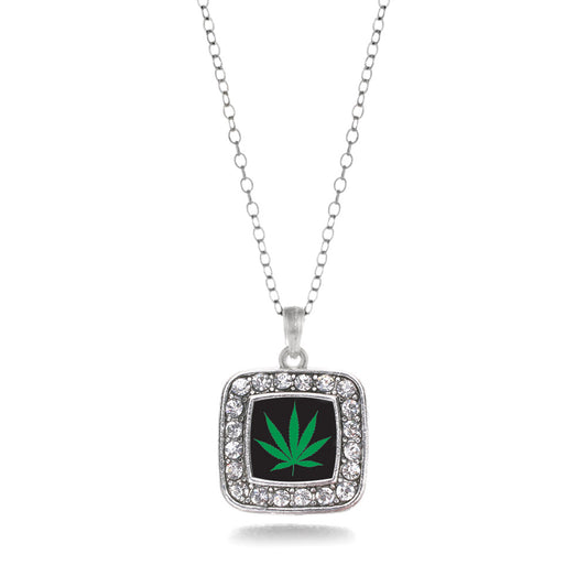 Silver Marijuana Leaf Square Charm Classic Necklace