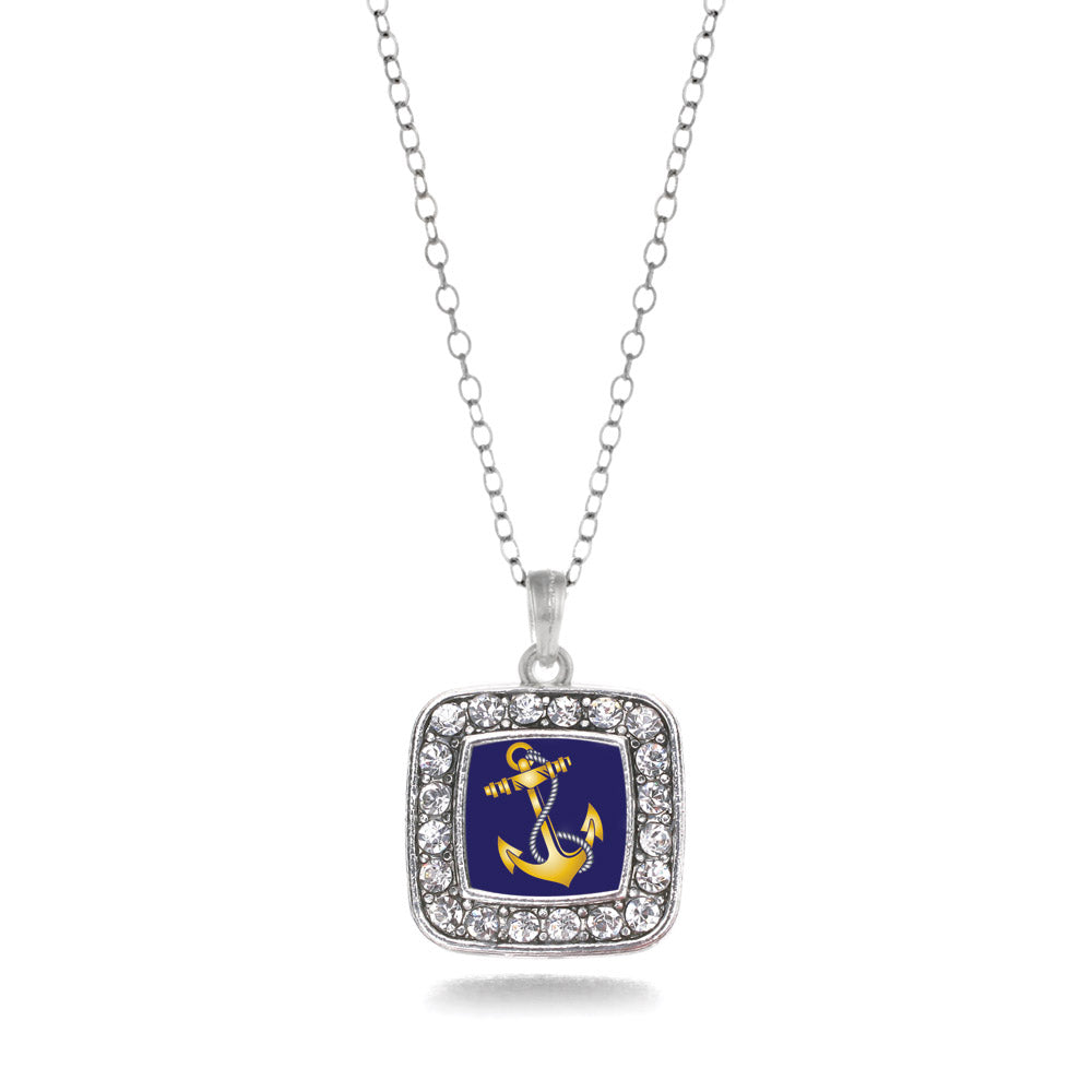 Silver Navy Anchor Square Charm Classic Necklace