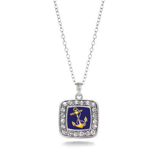 Silver Navy Anchor Square Charm Classic Necklace