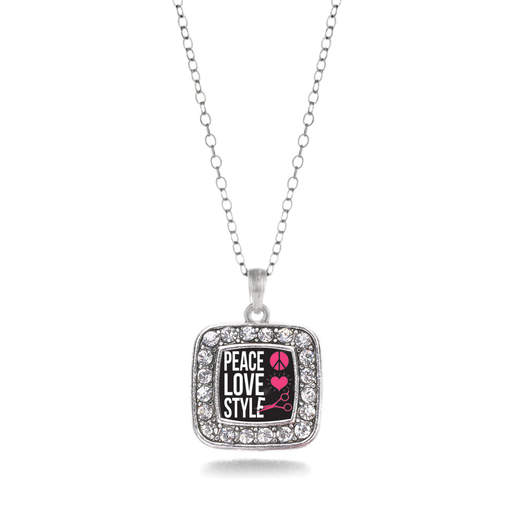 Silver Peace, Love, And Style Square Charm Classic Necklace