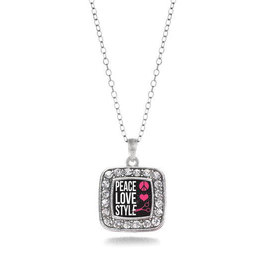 Silver Peace, Love, And Style Square Charm Classic Necklace