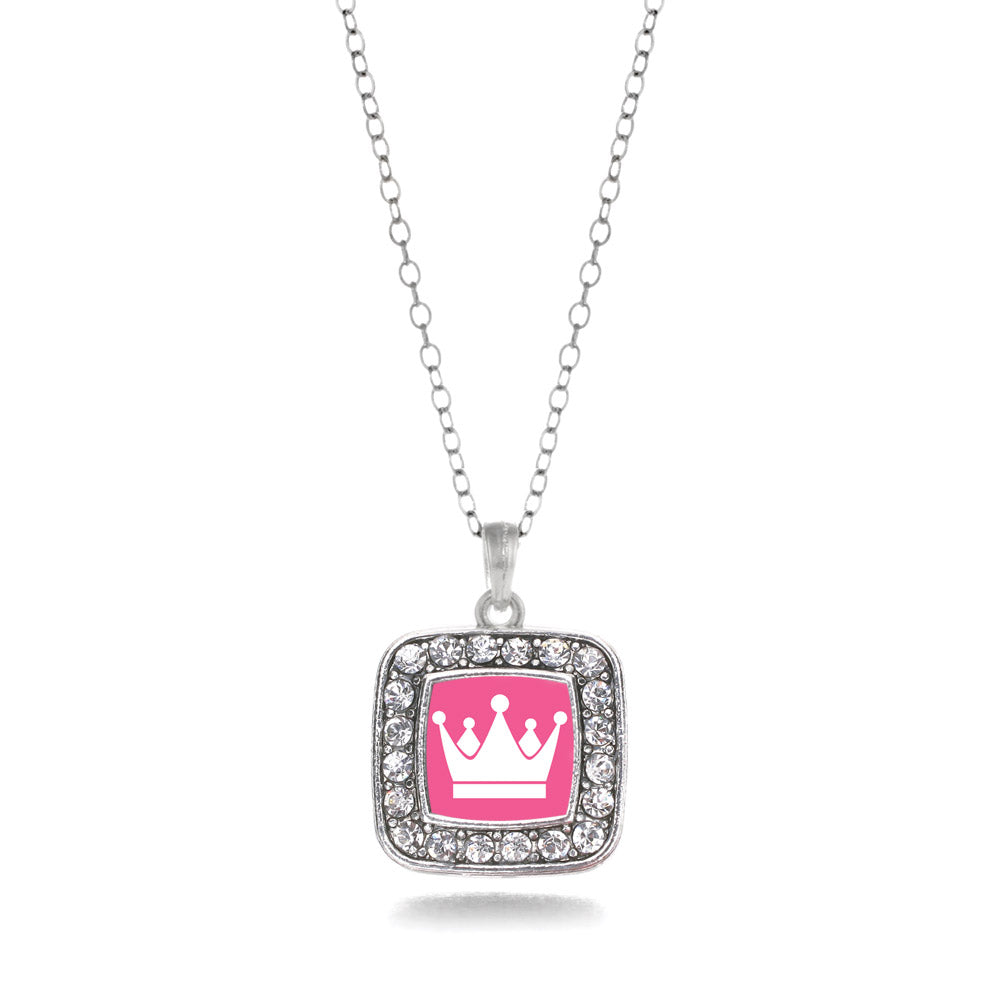 Silver Pink Princess Square Charm Classic Necklace