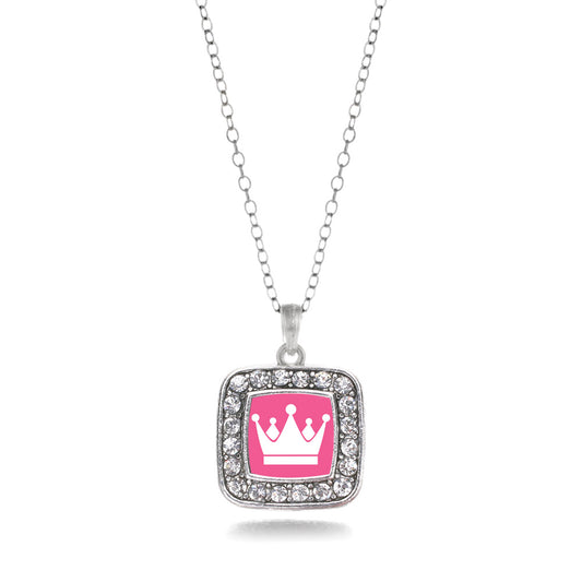 Silver Pink Princess Square Charm Classic Necklace