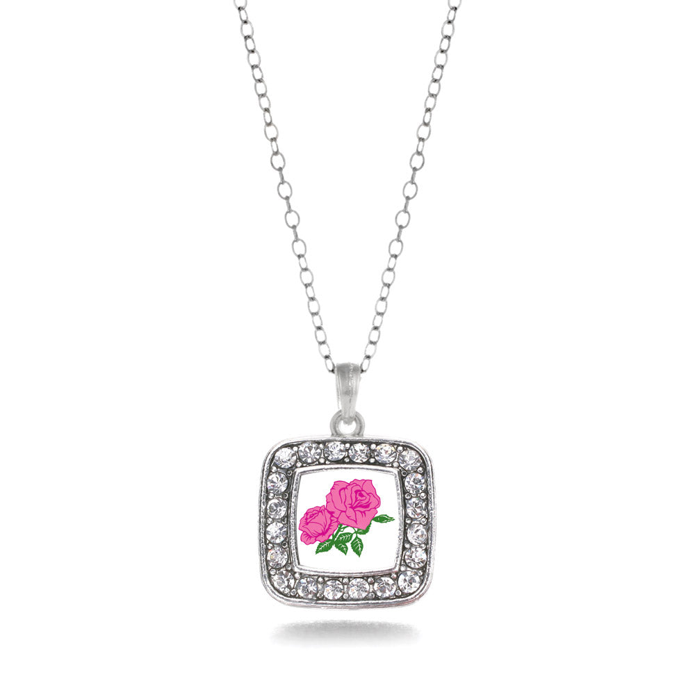 Silver Pink Rose Square Charm Classic Necklace